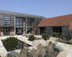 The courtyard at Echo Barn, a Para 55 energy efficient passive house. Another grand design by Hawkes Architecture.