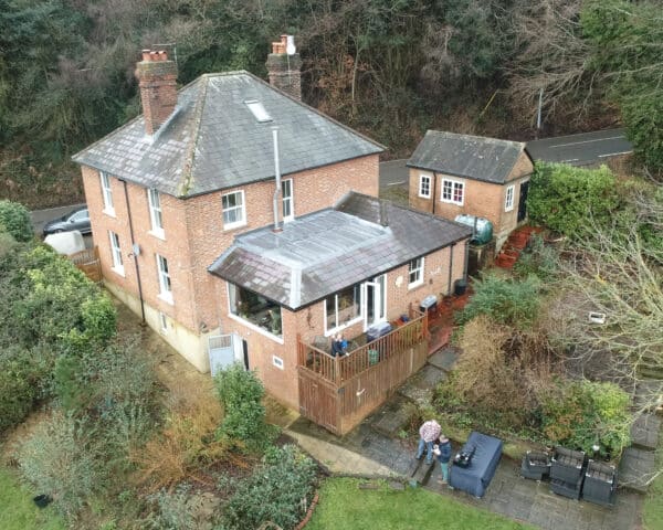 A drone view before works at The Old Post Office, a transformation project by Hawkes Architecture Ltd