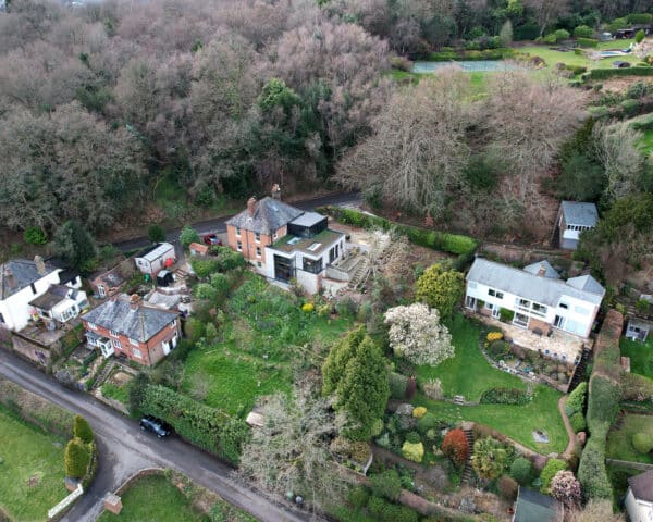 Drone view of a substantial extension to The Old Post Office, a transformation project by Hawkes Architecture Ltd