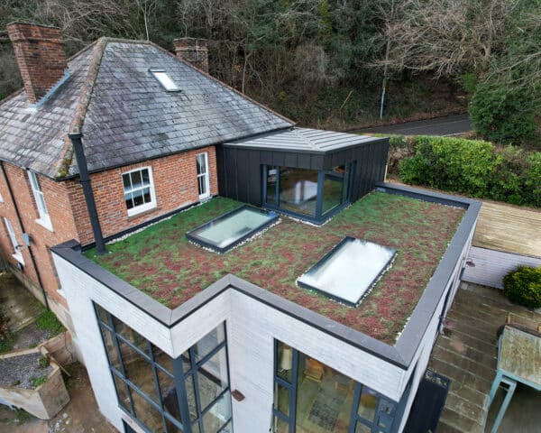 Roof level view to master bedroom at The Old Post Office. A transformation project by Hawkes Architecture Ltd