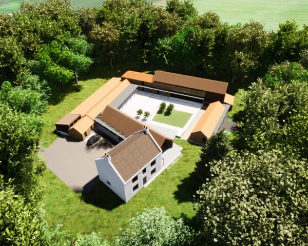 Proposed building arrangement at Dales Mount Farm. A replacement farmstead transformation designed by Hawkes Architecture Ltd