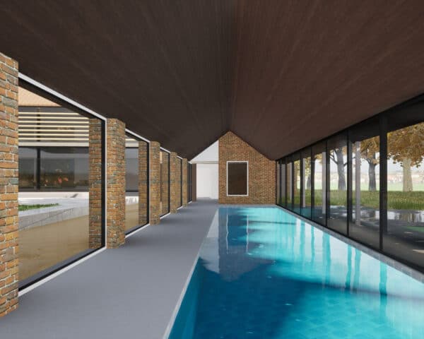 Swimming pool building view at Dales Mount Farm. A replacement farmstead transformation designed by Hawkes Architecture Ltd