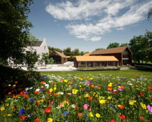 South view of Dales Mount Farm. A replacement farmstead designed by Hawkes Architecture Ltd