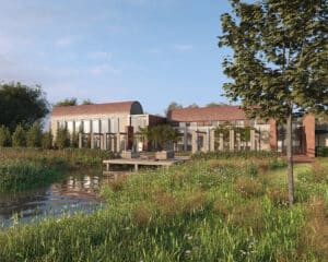 View across pond at Friars Bourne, a Para 84, energy efficient passive house. Another grand design by Hawkes Architecture.